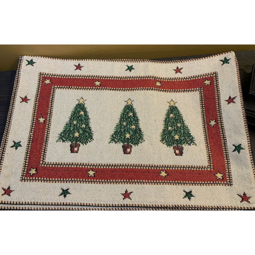 5 Vintage Tapestry Christmas Tree Placemats Woven Colorful Thread 12"x19"